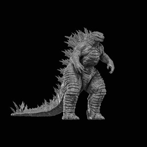 Könnte beinhalten: Eine graue, texturierte Figur eines zweibeinigen Monsters mit reptilienartigem Aussehen, mit einem langen, dicken Schwanz, spitzen Rückenflossen entlang des Rückens und einer rauen, schuppigen Hautstruktur am gesamten Körper.