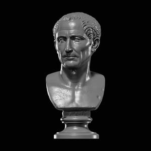May include: A grey monochromatic bust sculpture depicting a mature individual with short, textured hair, a prominent brow, and defined facial features. The figure is shown from the chest up, resting on a circular pedestal base with a smooth finish.
