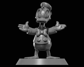 May include: A monochromatic gray figurine of a cartoon duck character wearing a sailor hat, a bow tie, and a buttoned jacket. The character is standing with both arms outstretched to the sides, positioned on a flat, trapezoidal base.