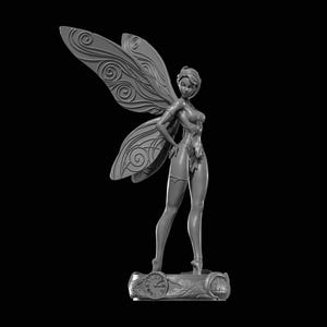 May include: A gray monochromatic figurine of a standing fairy with large, detailed wings featuring swirling patterns. The figure is positioned on a circular base that includes a clock face design with Roman numerals and textured organic elements.