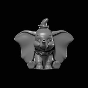 May include: A monochromatic gray figurine of a baby elephant with oversized ears, a small hat perched on its head, and a ruffled collar. The elephant is depicted in a seated position with a smooth, matte finish and a solid, uniform gray color.