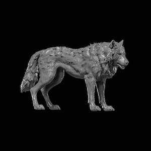 May include: A grey wolf figurine featuring detailed fur texture, pointed ears, and a standing posture. The sculpture captures the animal in a side profile view with its head turned slightly forward, showcasing realistic muscle definition and coat.