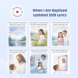 Op de afbeelding: Een kinderprint getiteld "When I Am Baptized Updated 2026 Lyrics". De print bevat illustraties met tekst, waaronder een regenboog, een meisje in een veld en een doopscène. Het Primary Melodies-logo staat linksboven.