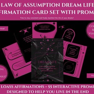 Könnte beinhalten: Ein Set von Law of Assumption Dream Life Affirmationskarten mit Prompts, das schwarze und magentafarbene Designs mit Sternengrafiken aufweist. Die Karten enthalten Texte wie 'Everything I desire manifests instantly' und 'I will continue to surpass every limitation with ease' in einem druckbaren digitalen Format.