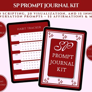 Könnte beinhalten: Ein digitales SP Prompt Journal Kit mit einem Gewohnheitstracker und einer Titelseite in Rot und Weiß. Der Text lautet SP PROMPT JOURNAL KIT, 20 SCRIPTING, 20 VISUALIZATION, AND 15 INNER CONVERSATION PROMPTS + 55 AFFIRMATIONS & MORE!