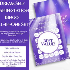 May include: A purple Dream Self Manifestation Bingo all-in-one set featuring digital and printable game cards. The design includes a central circle with the text BEST VALUE, surrounded by various prompts, affirmations, and dream self experiences.