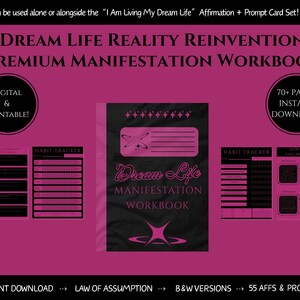 Könnte beinhalten: Ein digitales und druckbares Manifestations-Arbeitsbuch mit schwarzem Einband und pinkfarbenem Text, der Dream Life Reality Reinvention Premium Manifestation Workbook lautet. Enthält Gewohnheits-Tracker und Anleitungsseiten in Pink und Schwarz.