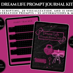 May include: A digital Dream Life Prompt Journal Kit featuring a habit tracker and a cover page with a heart-shaped padlock, key, and bow graphic. The text includes Dream Life Prompt Journal Kit, 20 Scripting, 20 Visualization, and 15 Inner Conversation Prompts + 55 Affirmations & More!, Digital & Printable!, Color & B&W Versions!, and Instant Download.