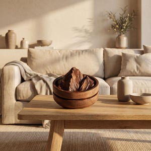 Puede incluir: Un cuenco de madera de color marrón oscuro con un diseño de pico de montaña tallado en su interior. El cuenco tiene un exterior liso y redondeado y una escultura interior texturizada y angular que imita la forma irregular de una montaña.