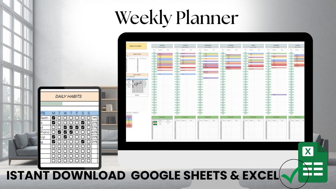 Weekly Planner Spreadsheet, Daily Task Tracker (google Sheets, Excel ...