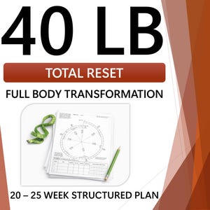 Könnte beinhalten: Bild mit dem Text "40 LB" in großen schwarzen Buchstaben. Darunter steht auf einem roten Banner "TOTAL RESET" und "FULL BODY TRANSFORMATION". Ein Stapel Papiere, ein grüner Bleistift und ein grünes Maßband sind zu sehen. Der Text "20 - 25 WEEK STRUCTURED PLAN" steht unten.