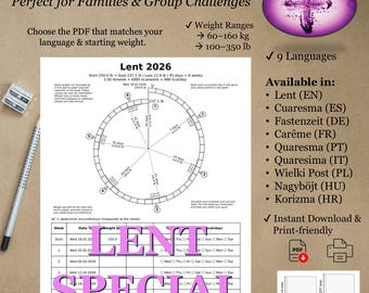 Lent 2027 Weight Loss Tracker Printable | Christian Fasting Challenge | 60-160kg & 100-350lb | Family Group PDF