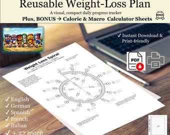 10kg Weight Loss Planner – 3 Month Spiral Tracker PDF – 90 Day Fat Loss Plan | 32 Languages