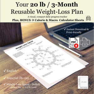 Könnte beinhalten: Ein wiederverwendbarer Gewichtsverlustplan auf weißem Papier, mit einem visuellen Fortschrittstracker und Kalorien- und Makro-Rechnerblättern. Der Plan ist für 9 kg in 3 Monaten. Enthält eine Gewichtsverlust-Spiralgrafik, englischen Text und imperiale Maße.