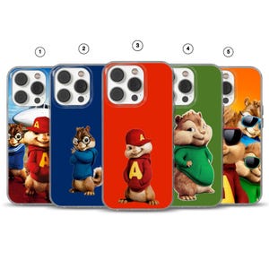 May include: A collection of five phone cases featuring the animated characters from Alvin and the Chipmunks. Each case has a different color background, including blue, red, and green, with a different character on each case.