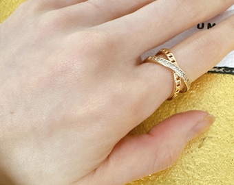 Pariser Verflochten Kette CZ Ring, 14K Vergoldet Einstellbar