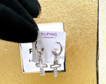 Gothic Kreuz Huggie Hoop Ohrringe, hypoallergene Edelstahl Silber Ohrring