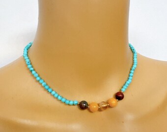 Türkis Perlen Choker Halskette mit Multicolor Stein Akzente, Boho Style