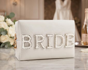 Bride Makeup Bag, Pearl Cosmetic Pouch, Bridal Shower Gift, Engagement Gift for Bride, White Travel Toiletry Bag, Wedding Day Accessories