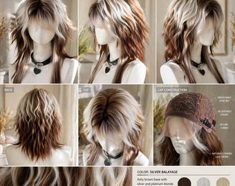 Trendy Wolf Cut Short Wig with Silver Balayage, Layered Ashy Brown Synthetic Hair for Women, Natural Looking Pre Styled Lace Unit, Care Kit