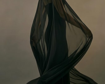 Elegant Black Sheer Chiffon Bridal Cape Dress | Minimalist Gothic Evening Gown |  Maxi Dress | Dark Aesthetic Fashion Length 150 cm