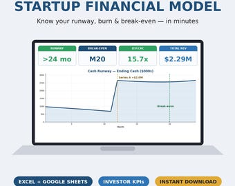 Startup Financial Model Excel +  Google Sheets Template | 24 Month Runway Cash Flow P&L Dashboard | SaaS Financial Projection Spreadsheet