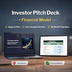 May include: A laptop and a tablet displaying an Investor Pitch Deck and Financial Model. The laptop screen shows a presentation slide with a growth arrow graphic. The tablet displays a spreadsheet with assumptions and input fields.
