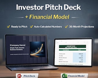 Investor Pitch Deck Template + Financial Model Excel Spreadsheet, Startup Business Plan Presentation, Pitch to Investors Tool