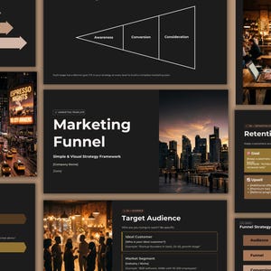 May include: A dark-themed marketing template titled "Marketing Funnel" with a simple and visual strategy framework. The image includes diagrams, cityscapes, and the text "Awareness, Conversion, Consideration."