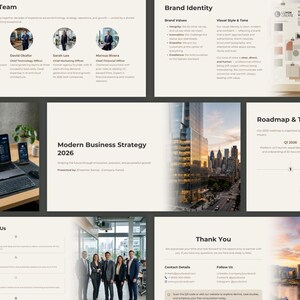 May include: A business presentation with the title "Modern Business Strategy 2026". The presentation includes slides on brand identity, a roadmap, and team member profiles. A laptop and smartphone are visible on a desk.