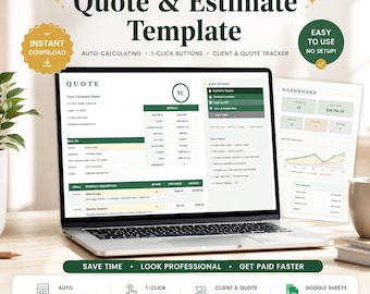Quote & Estimate Template Google Sheets Excel, Auto-Calculating Editable Business Estimate Form, Client Tracker, Small Business