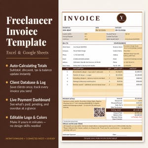 May include: A digital freelancer invoice template for Excel and Google Sheets with a brown and beige color scheme. The document includes sections for invoice details, client information, business data, a line-item table, payment details, and a QR code.