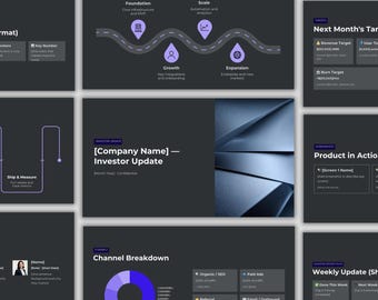 Startup Investor Update Template, KPI Dashboard & Monthly Report, VC Ready Pitch Deck, Canva PowerPoint Slides