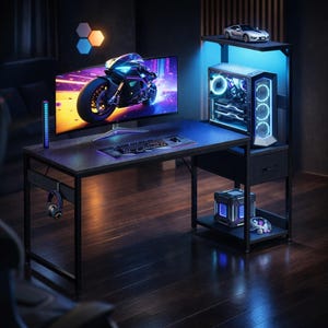 May include: A black gaming desk with a computer tower, monitor, and keyboard. The monitor displays a motorcycle graphic. The desk has a shelf with a model car and blue LED lighting. Headphones hang from the desk.