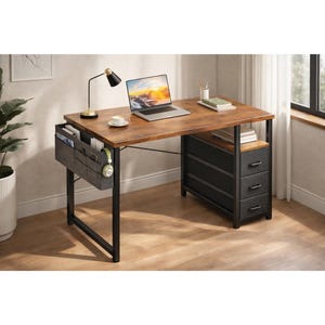 May include: A brown and black desk with a laptop, lamp, and storage. The desk has a wooden top and black metal frame. A gray fabric organizer hangs on the side. The desk also has three black drawers and a shelf.
