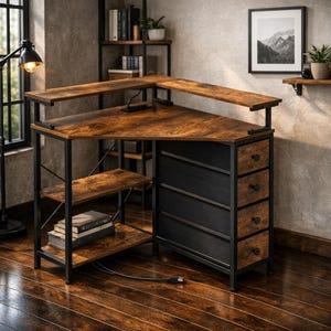 May include: A corner desk with a dark brown wood finish and black metal frame. The desk has a triangular top, multiple shelves, and four drawers. A power strip is visible on the top surface. The desk is designed for home office use.