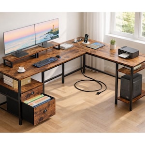 May include: L-shaped wooden desk with a dark brown finish and black metal frame. The desk features two computer monitors, a keyboard, and a printer. It has multiple shelves and drawers for storage, and a computer tower. The desk is set up in a home office.