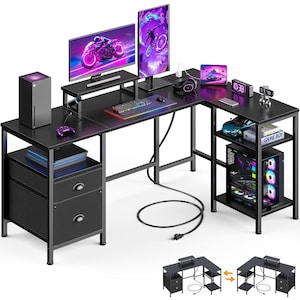 May include: Black L-shaped gaming desk with multiple shelves and drawers. The desk features two computer monitors, a keyboard, and a gaming console. The desk is made of metal and wood and has a modern design.
