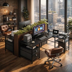 May include: An L-shaped black desk with drawers, a computer, and a printer. A brown leather office chair sits in front of the desk. The desk is in an office with a large window overlooking a city.