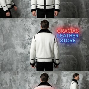 May include: White leather jacket with black trim and a black fur collar. The jacket has a zipper closure and is displayed in multiple views. The text "GRACIAS LEATHER STORE" is visible in the image.