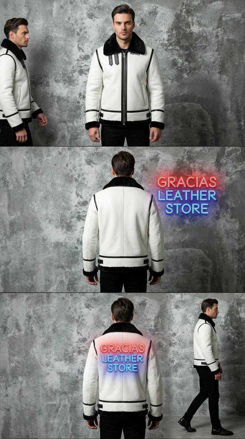 May include: White leather jacket with black trim and a black fur collar. The jacket has a zipper closure and is displayed in multiple views. The text "GRACIAS LEATHER STORE" is visible in the image.