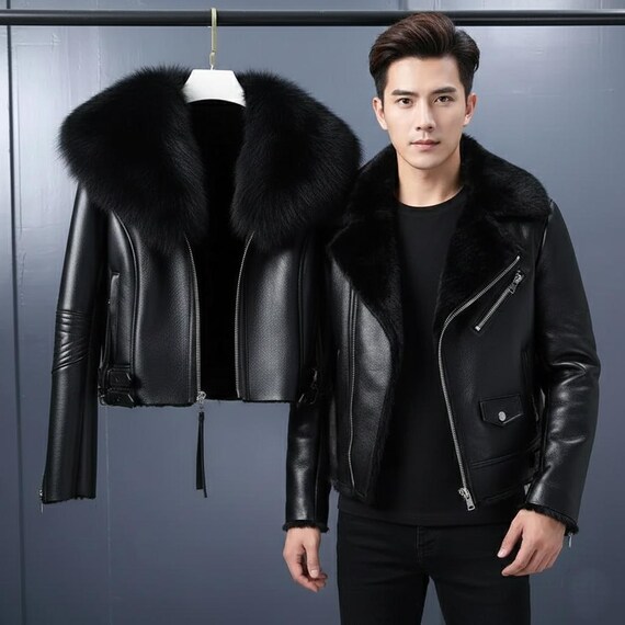 Men's Luxury Black Leather Biker Jacket with Oversized Faux Fur Collar - Winter Shearling Moto Jacket