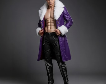 Men’s Purple Leather Long Coat Costume Faux Fur Collar Gothic Cosplay Jacket for Halloween & Comic Con Fantasy Villain style Jacket