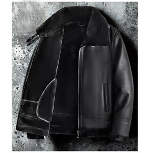 May include: Black leather jacket with a shearling lining and collar. The jacket has a zipper closure, two front pockets, and a classic aviator style. The interior lining is visible, providing warmth and comfort. The jacket is designed for cold weather.