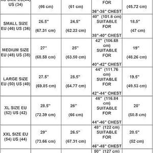 May include: A size chart with measurements in inches and centimeters for clothing sizes XS to XXXL. The chart includes length, arm length, chest width, and shoulder to shoulder measurements, with corresponding EU and US sizes.