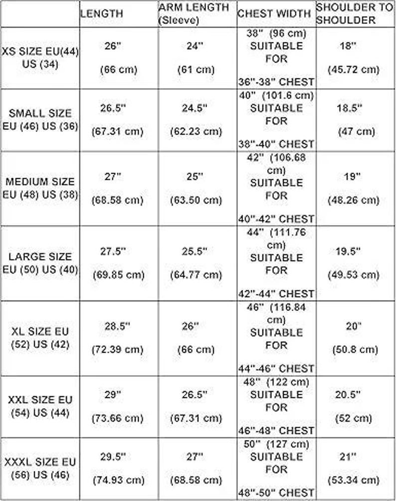 May include: A size chart with measurements in inches and centimeters for clothing sizes XS to XXXL. The chart includes length, arm length, chest width, and shoulder to shoulder measurements, with corresponding EU and US sizes.