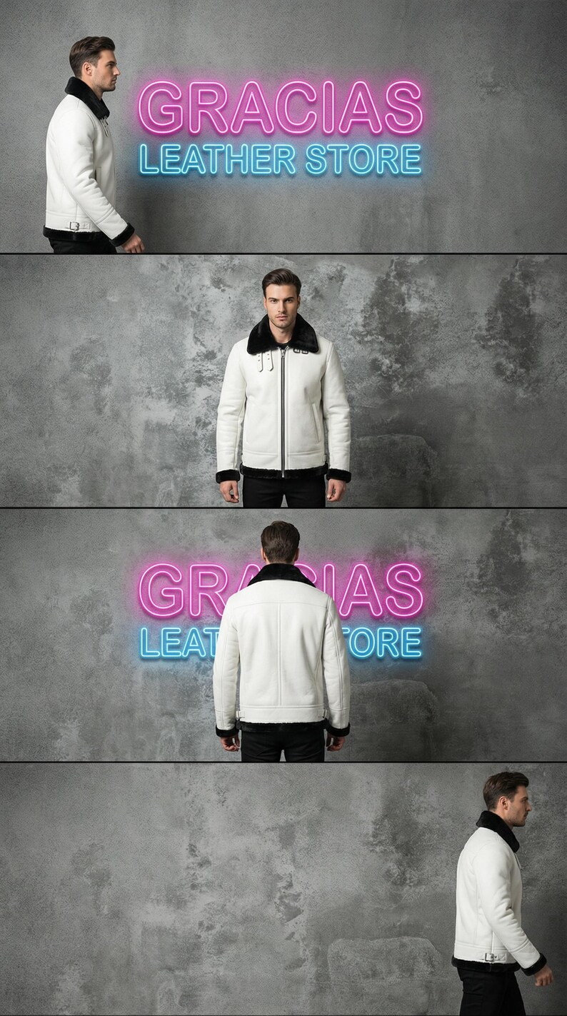 May include: White leather jacket with black trim and a black fur collar. The jacket has a zipper closure and a buckle detail. The image also shows the text "GRACIAS LEATHER STORE" in pink and blue neon.