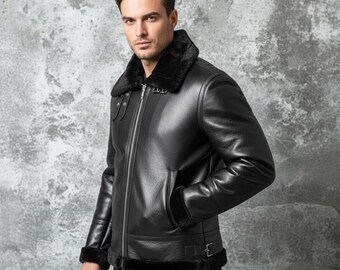 Premium Men's Black Shearling Leather Jacket - B3 Bomber Style Winter Coat