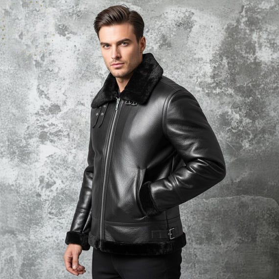 Premium Men's Black Shearling Leather Jacket - B3 Bomber Style Winter Coat