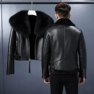 May include: Black leather jacket with a large fur collar. The jacket has a zipper closure and a fur lining. The jacket is hanging on a hanger. The jacket is a classic style.